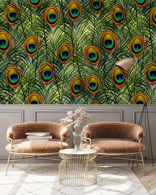 Papier peint mural avec motif de plumes de paon vertes et yeux colorés