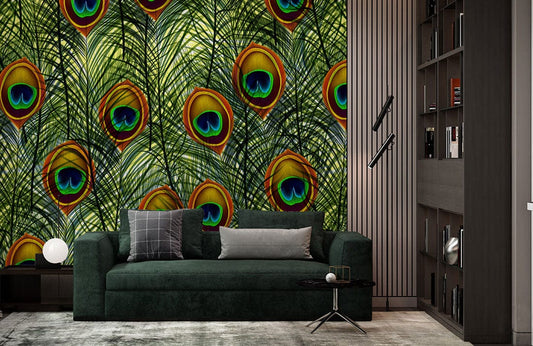 Papier peint mural avec motif de plumes de paon, décor élégant pour canapé en velours vert foncé