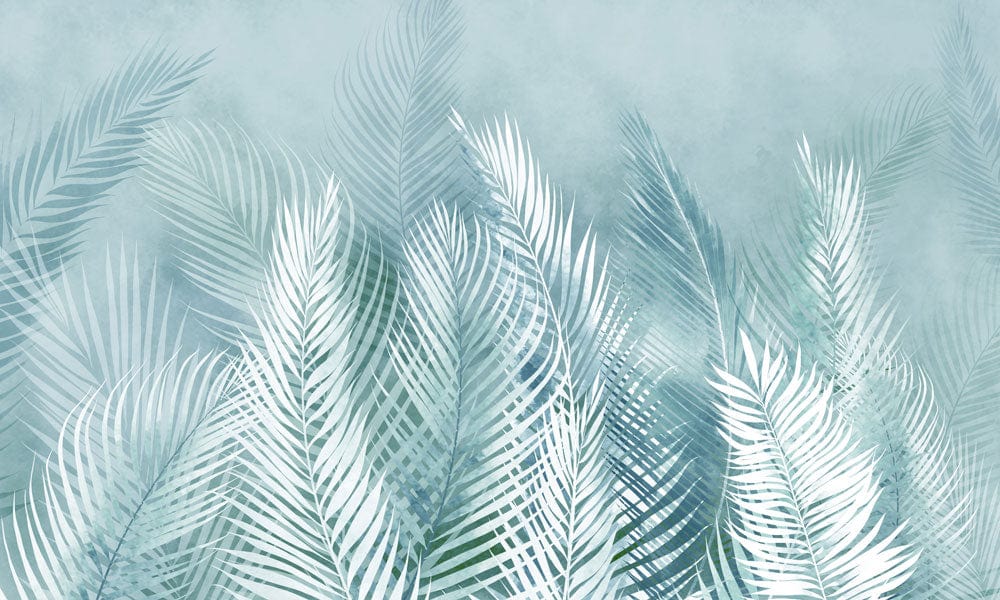 Papier peint mural à motif plumes turquoises sur fond teal texturé pour décoration intérieure