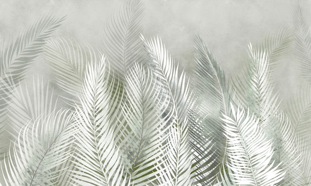 Papier peint mural à motif de plumes vertes et fronds de palmier lumineux sur fond texturé