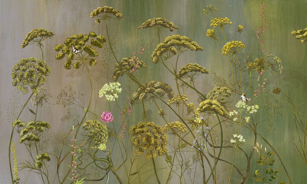 Peinture représentant un champ de fleurs sauvages vertes et jaunes, idéal pour un papier peint mural floral