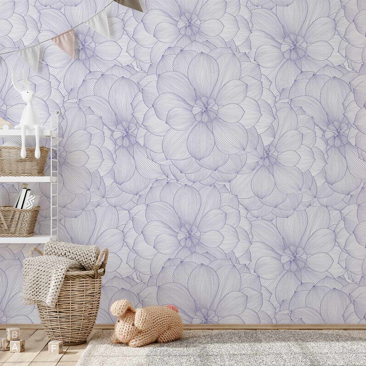 Papier peint mural à motif d’hortensia tracé au trait - Le meilleur Papier peint panoramique Sur mesure