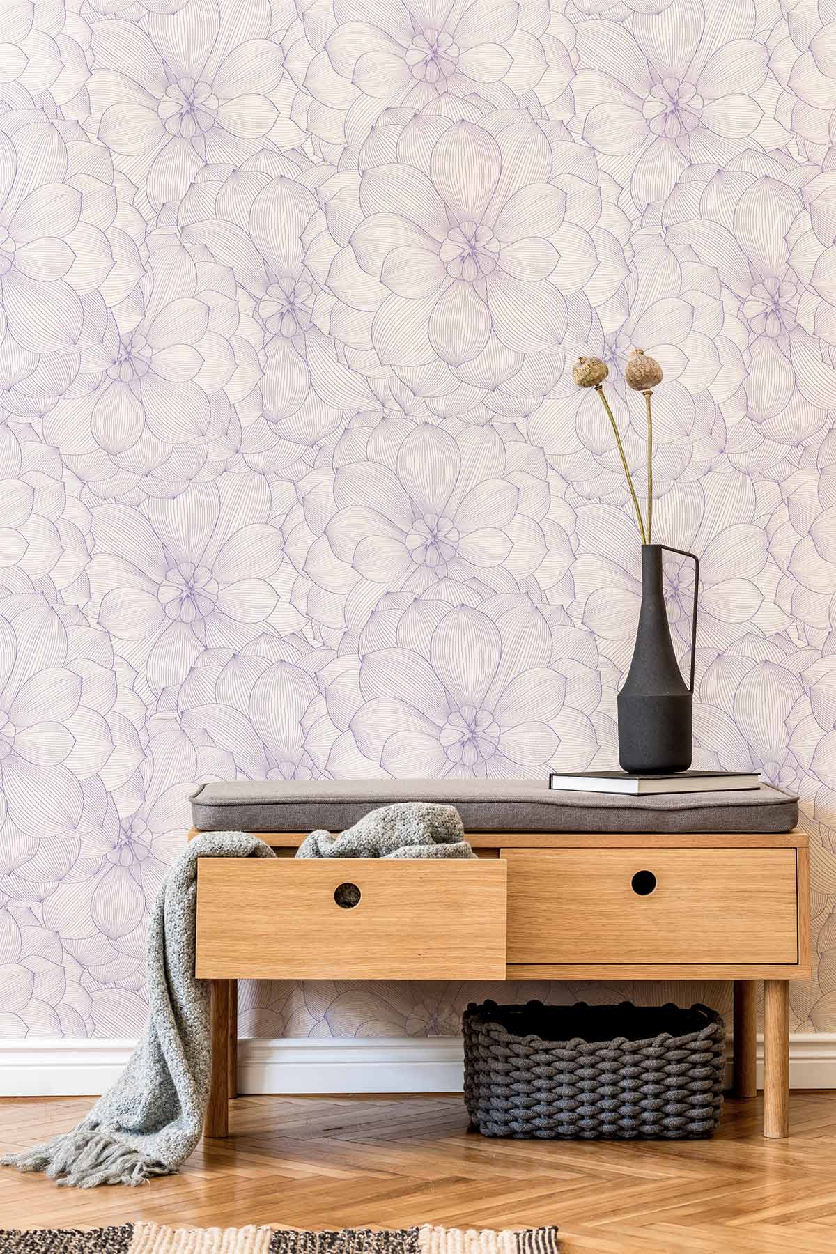 Papier peint mural à motif d’hortensia tracé au trait - Le meilleur Papier peint panoramique Sur mesure