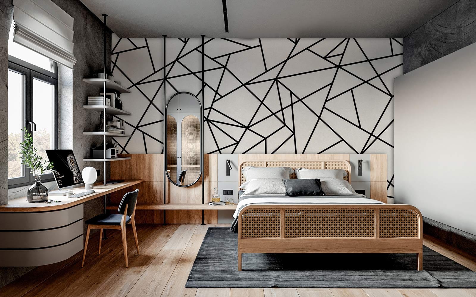 Papier peint mural à motif géométrique linéaire pour une œuvre d’art moderne dans la chambre