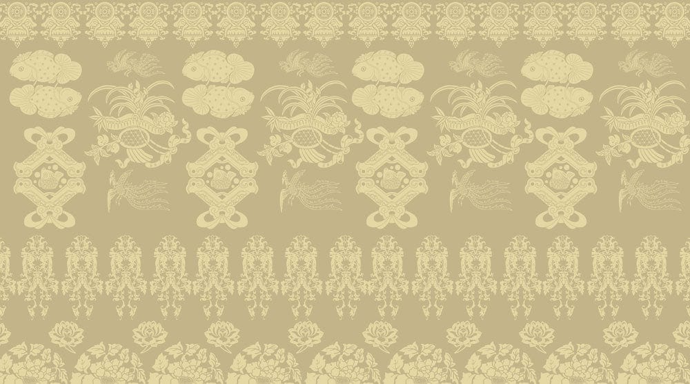 Papier peint mural à motif neutre traditionnel avec tissu beige et or travaillé en détail