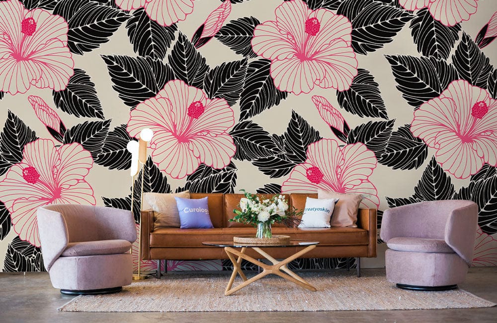 Papier peint mural à motifs de fleurs roses et noires - Le meilleur Papier peint panoramique Sur mesure