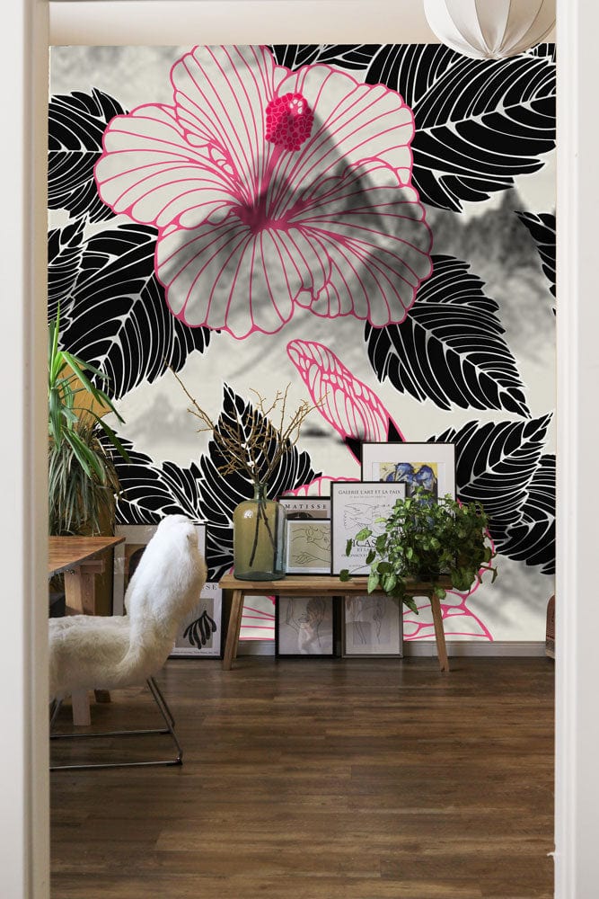 Papier peint mural à motifs de fleurs roses et noires - Le meilleur Papier peint panoramique Sur mesure