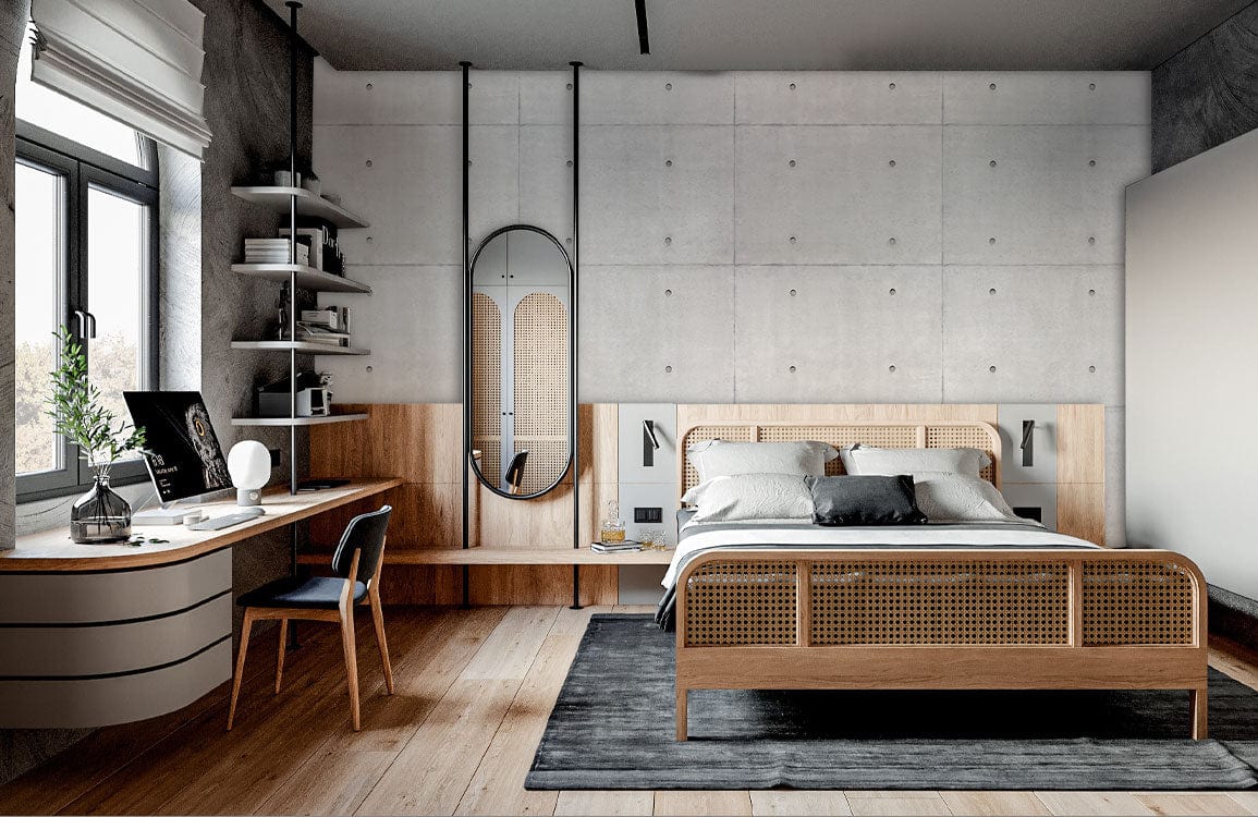 Photo d’une chambre moderne avec un lit en bois, un bureau et un grand miroir, décorée avec un papier peint mural à motifs de points rectangulaires