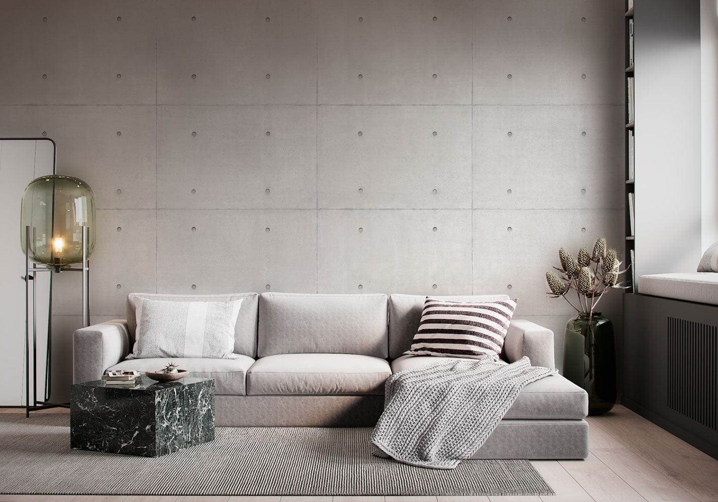 Papier peint mural à motifs de points rectangulaires avec canapé sectionnel gris clair