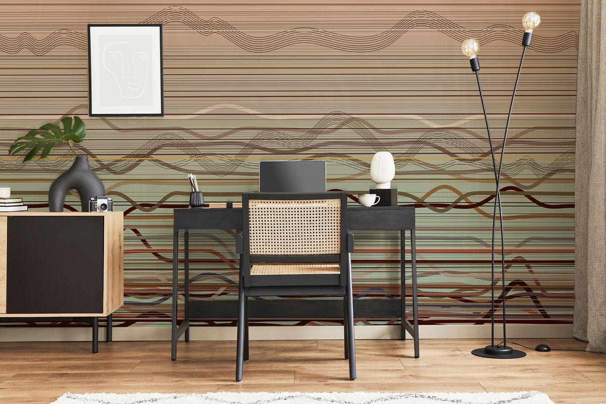 Papier peint mural moderne avec motifs d’ondes ombrées dans un bureau à domicile élégant