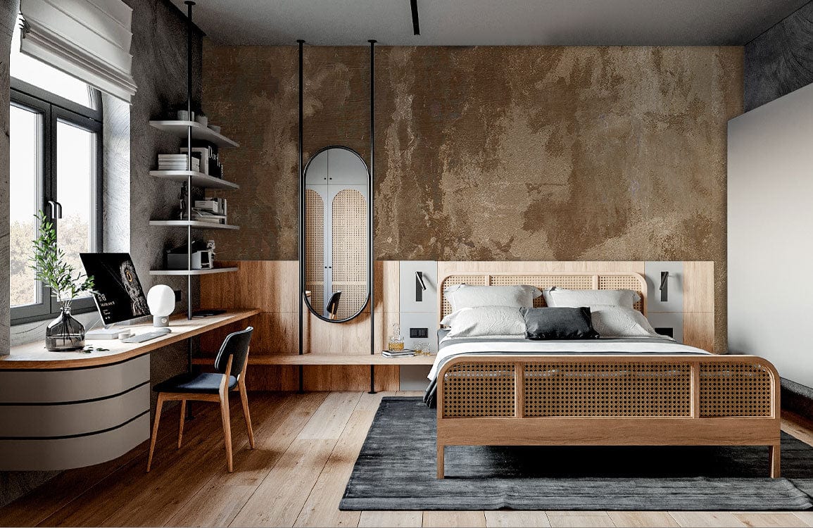 Papier peint mural motifs marbrés dans une chambre moderne avec lit en rotin et bureau intégré