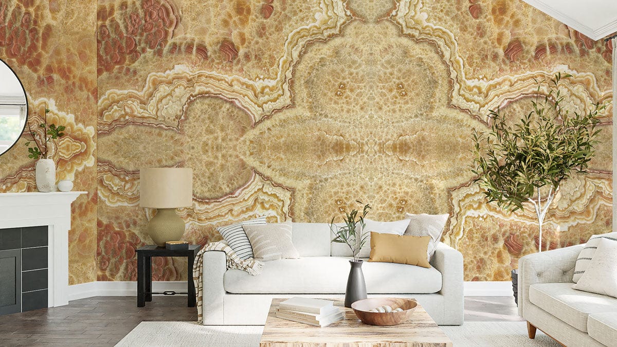 Papier peint mural avec mur en onyx à motifs symétriques pour salon élégant