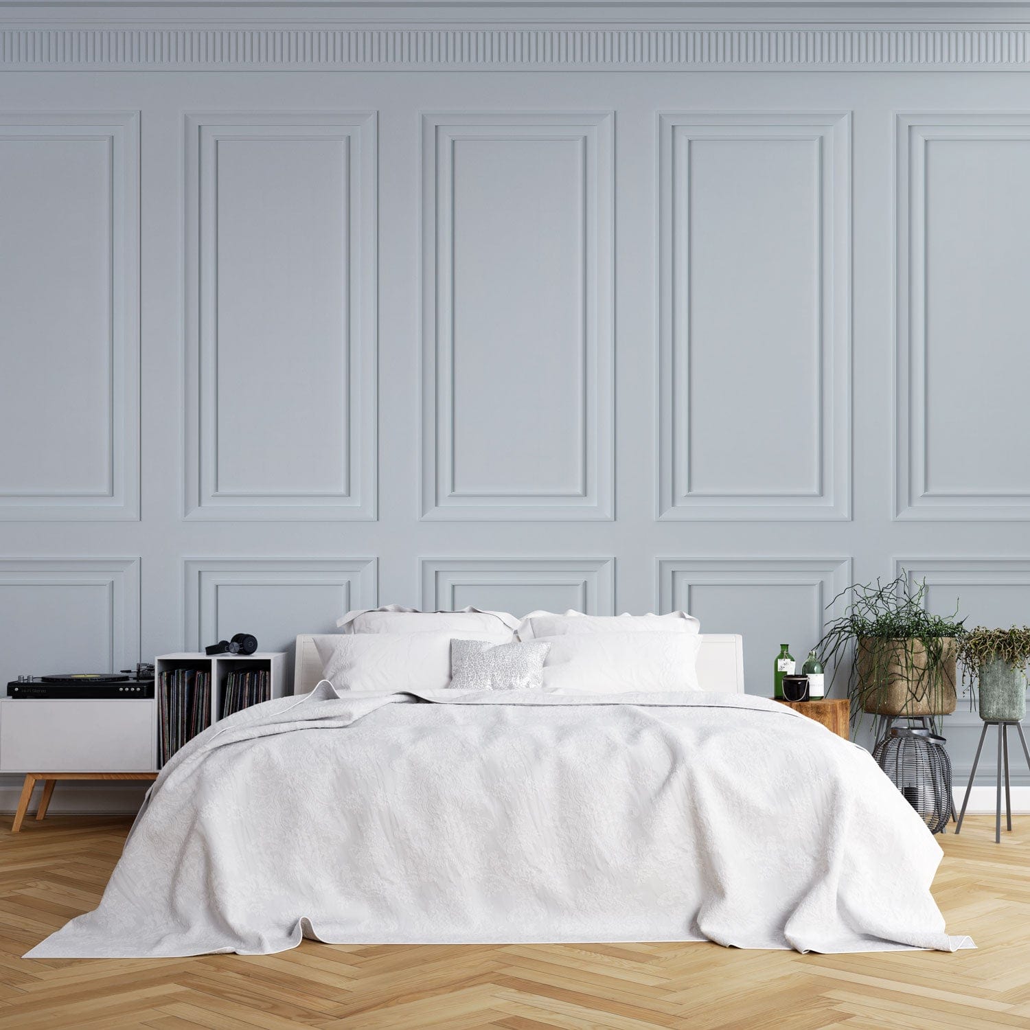 Duvet blanc avec motif géométrique subtil, parfait pour papier peint mural ou fresque murale