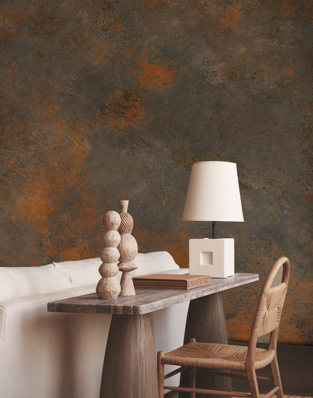 Console contemporaine avec top en pierre et mural à pois rustiques, décoration moderne