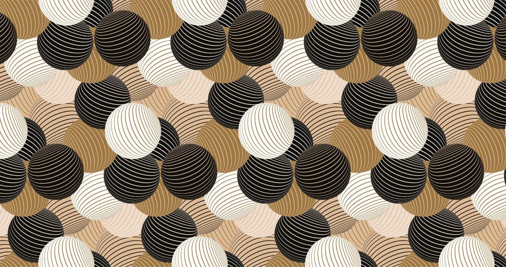 Papier peint mural avec motif de sphères texturées en noir, blanc et or