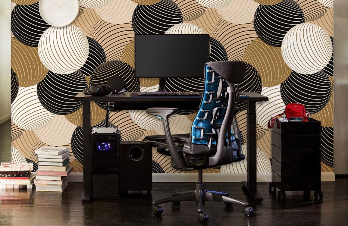 Papier peint mural rayé et boules pour un décor moderne avec bureau gaming et chaise ergonomique
