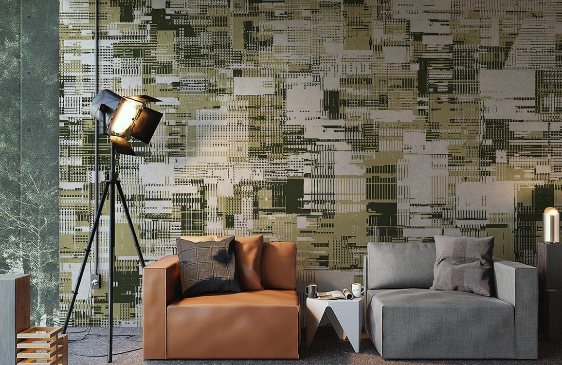 Sofas modernes en cuir tan et tissu gris avec papier peint mural texture pour décoration intérieure