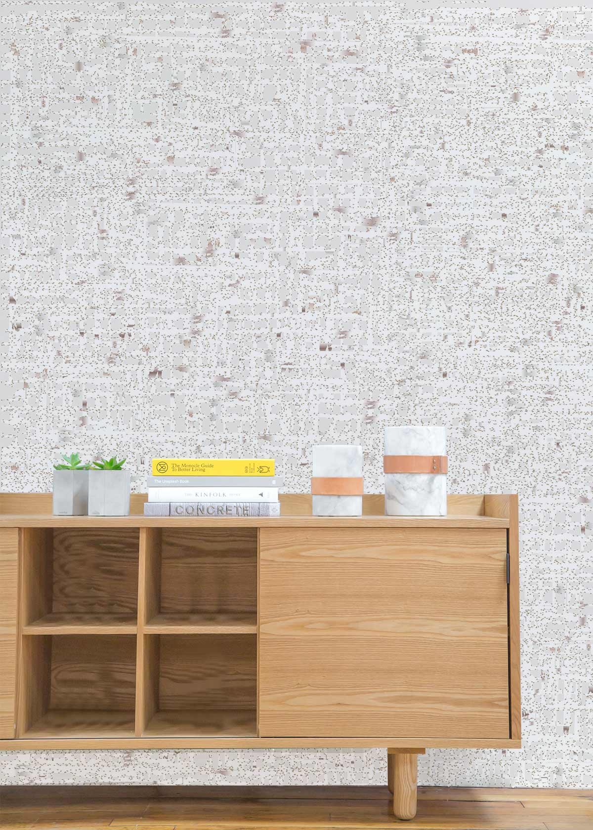 Papier peint mural à texture de points pour décoration intérieure moderne avec meuble en bois clair