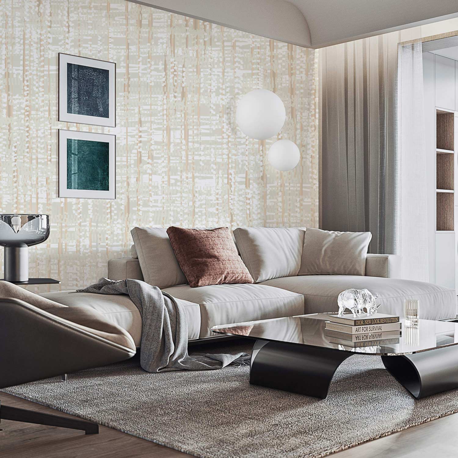 Papier peint mural à texture neutre dans un salon moderne avec canapé et table en verre