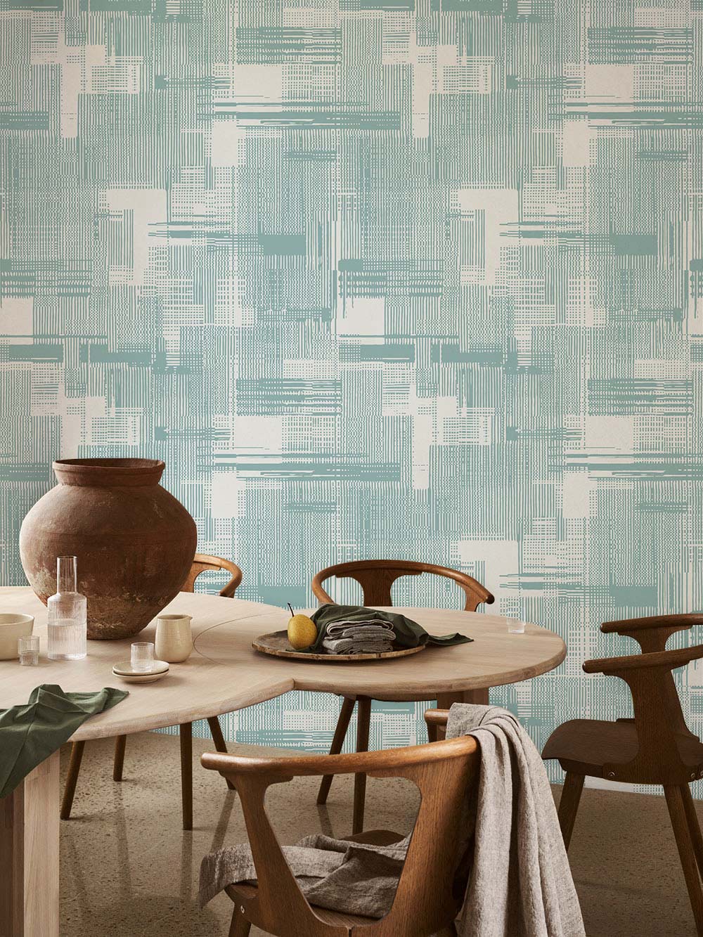 Papier peint mural à texture vague avec motif abstrait teal et blanc pour décoration intérieure