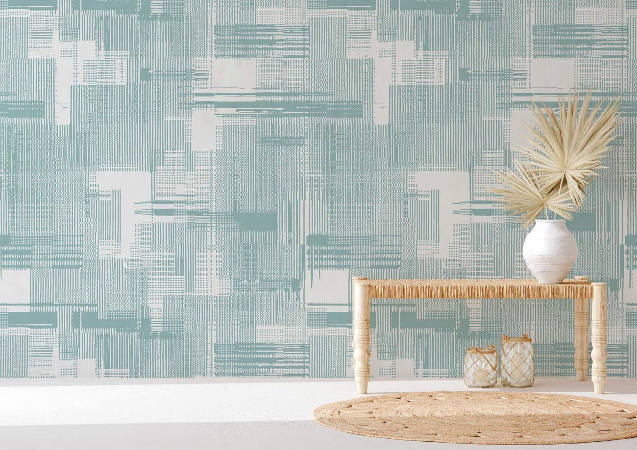 Papier peint mural à texture vague avec motif abstrait en teal et blanc