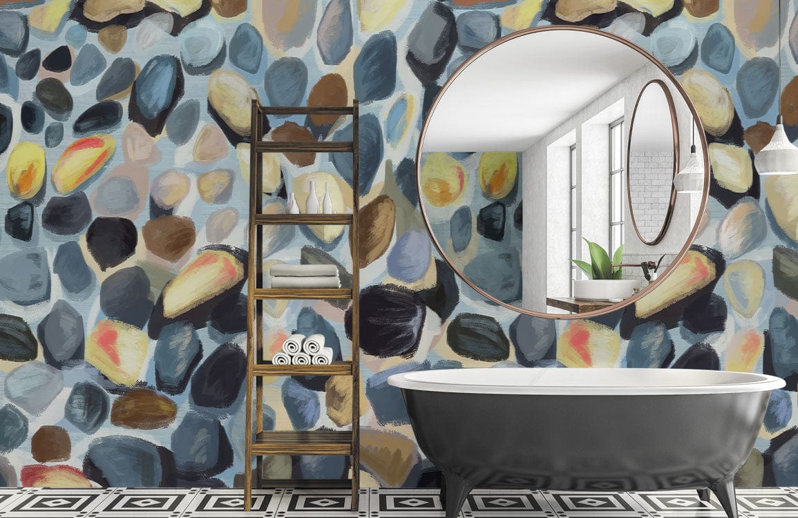 Baignoire à pieds en fonte noire avec intérieur blanc sur mural abstrait aquarelle