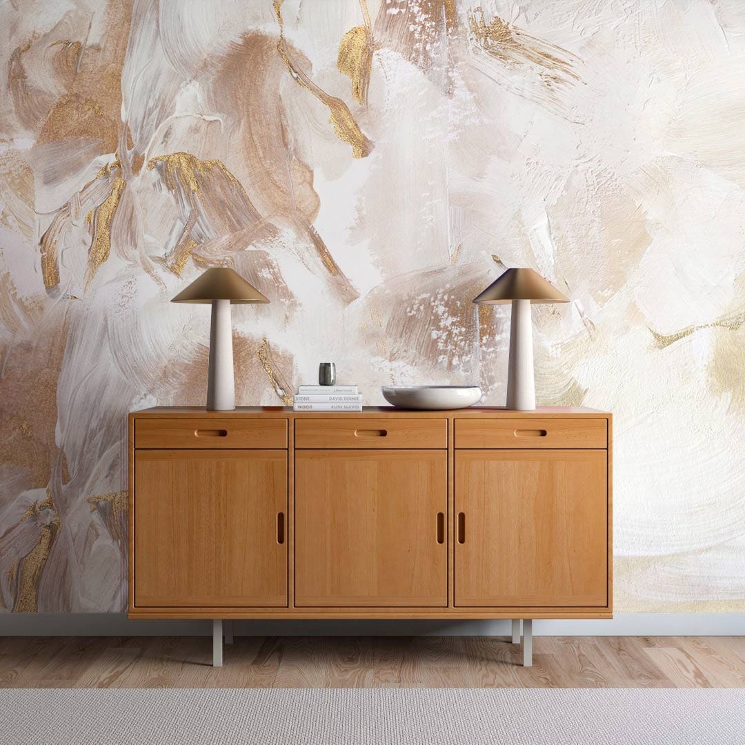 Papier peint mural abstrait aux motifs pour décorer un meuble en bois clair