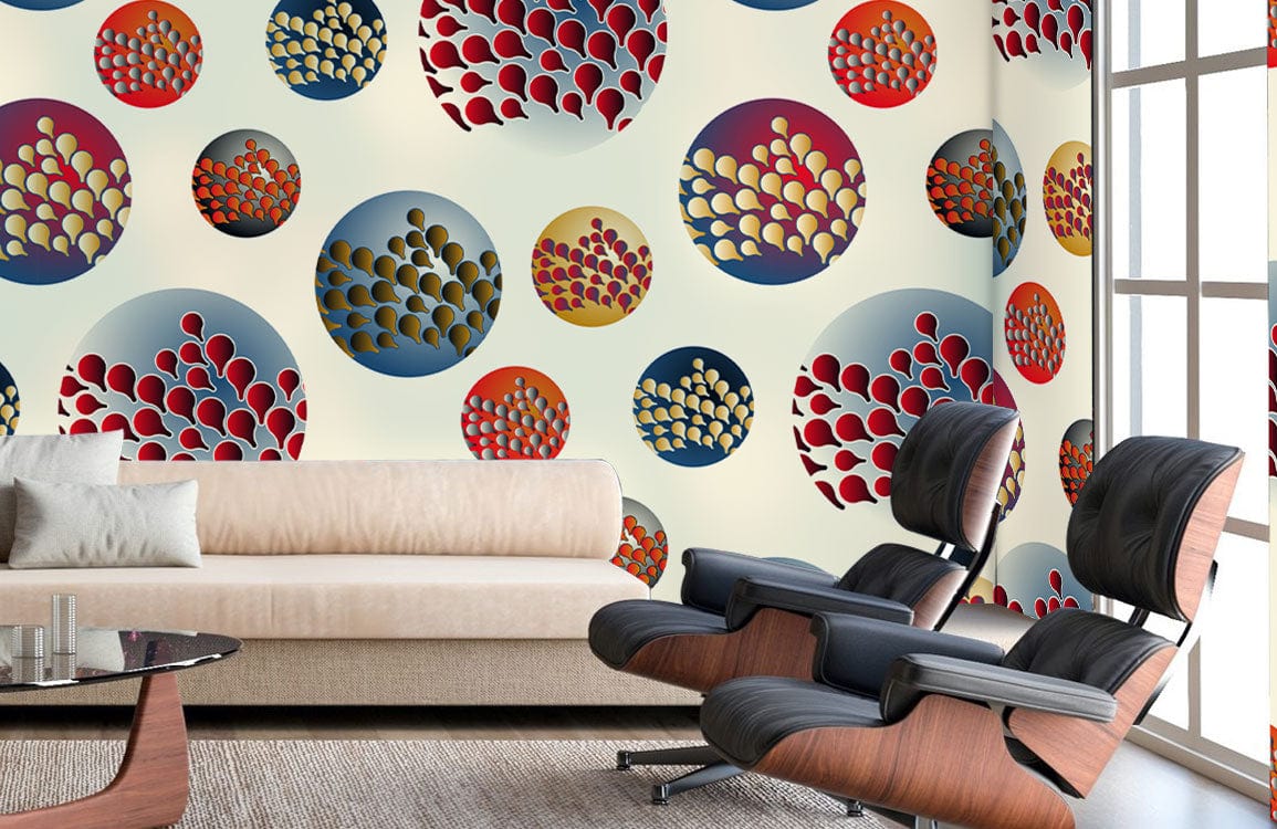 Peint mural abstrait mural abstrait cercles dans un salon contemporain avec canapé crème et fauteuils en bois