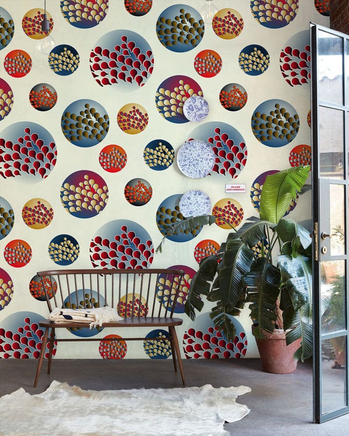Vibrant papier peint mural abstrait avec cercles et formes de graines, mural abstrait cercles