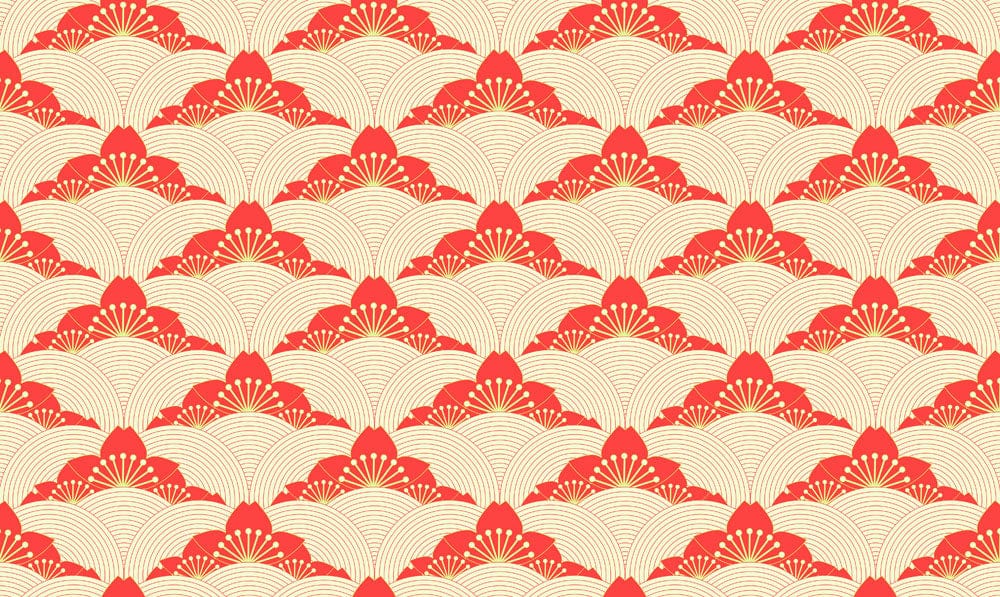 Peinture murale abstraite de fleurs de cerisier rouge sur fond beige avec lignes dorées