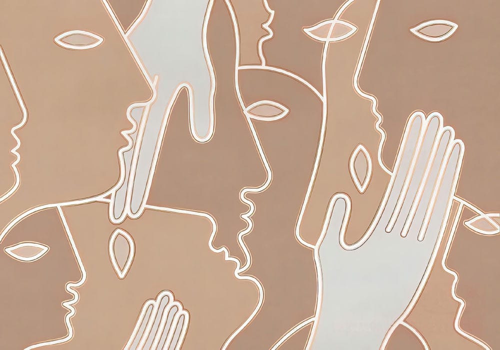 Peint mural abstrait avec visages et mains en tons chauds, œuvre d’art unique