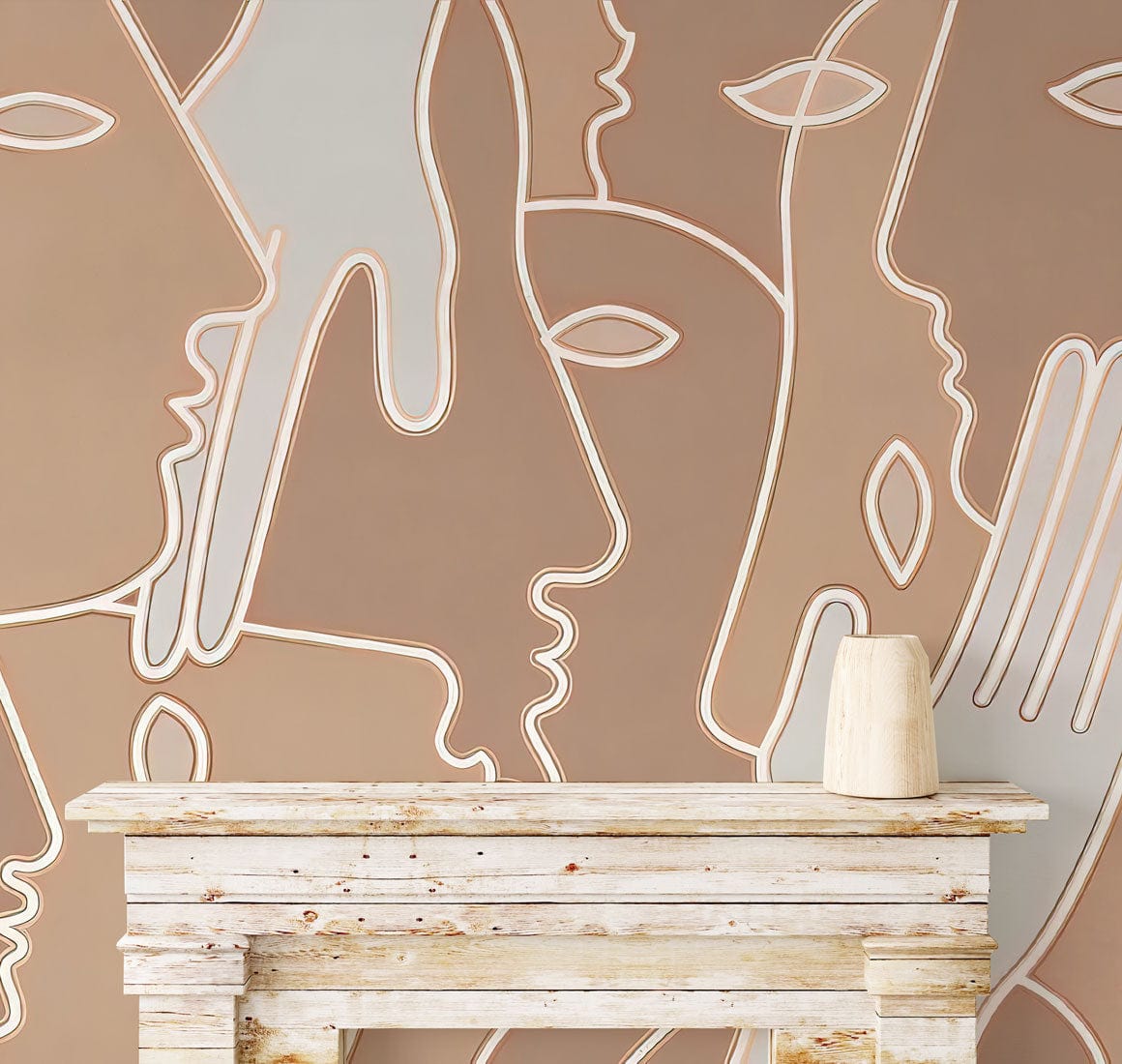 Peinture murale abstrait avec cheminée en bois blanc, œuvre d’art unique pour décor intérieur