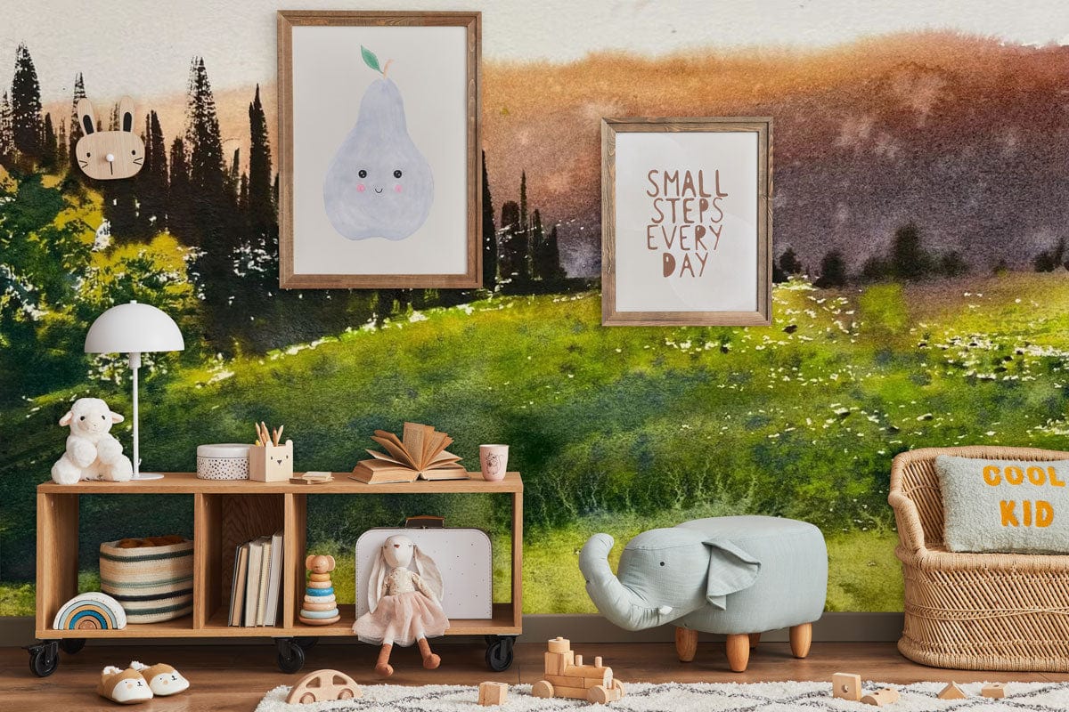 Peint mural abstrait de prairie dans une chambre d’enfant avec décor naturel et bois