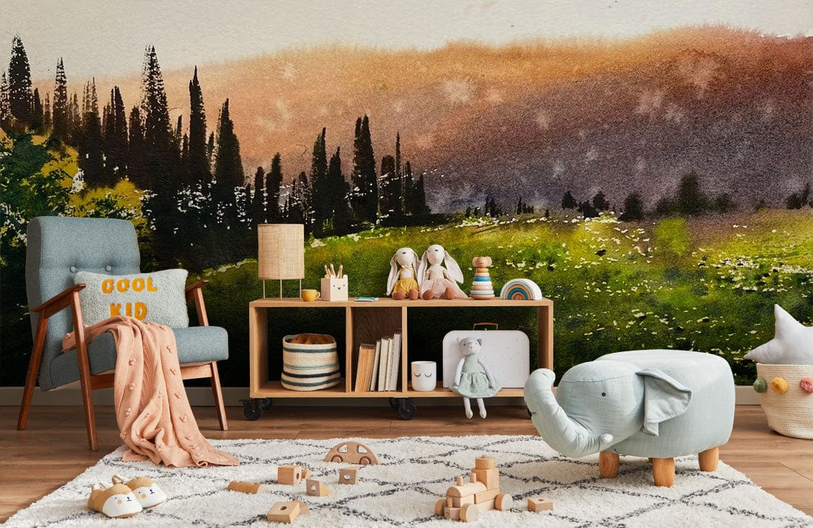 Peint mural abstrait pour chambre d’enfant avec décor nature et mural ludique