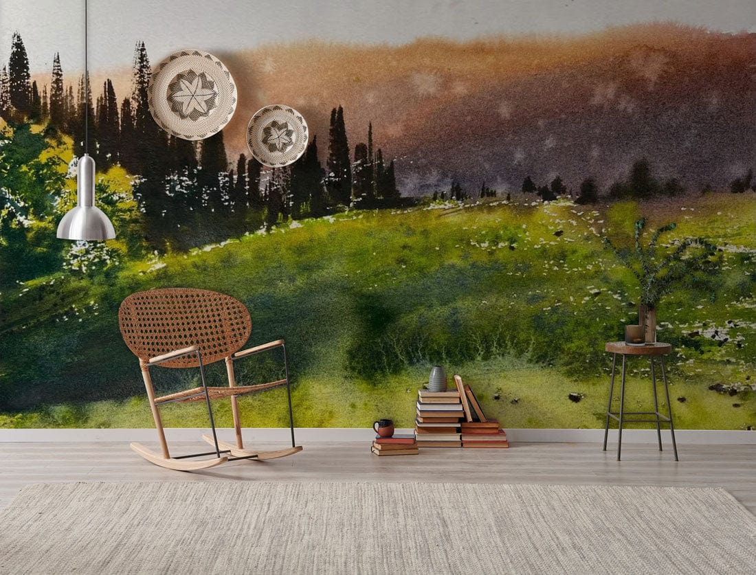 Chaise berçante en rotin tissé avec papier peint mural abstrait prairie dans la pièce