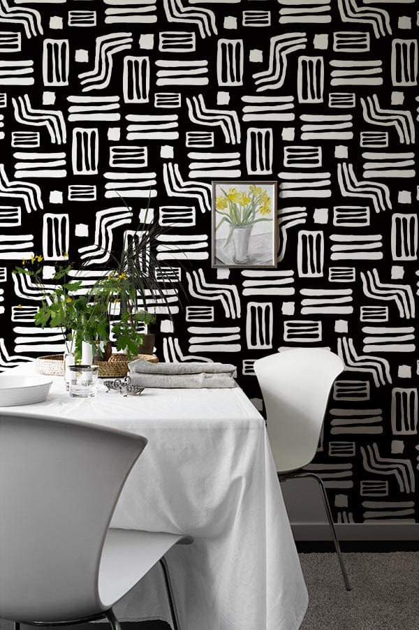 Papier peint mural abstrait en noir et blanc avec motif géométrique moderne