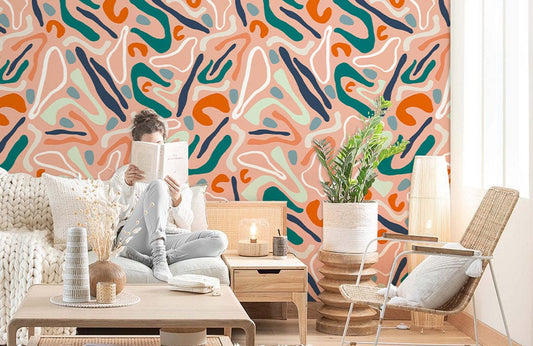 Papier peint mural abstrait organique aux motifs colorés en rose, orange, teal et navy