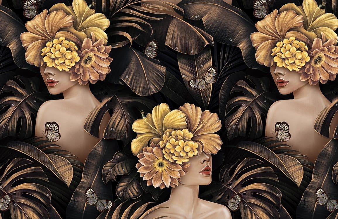 Trois femmes avec couronnes florales et tatouages papillon sur un mural abstrait usé