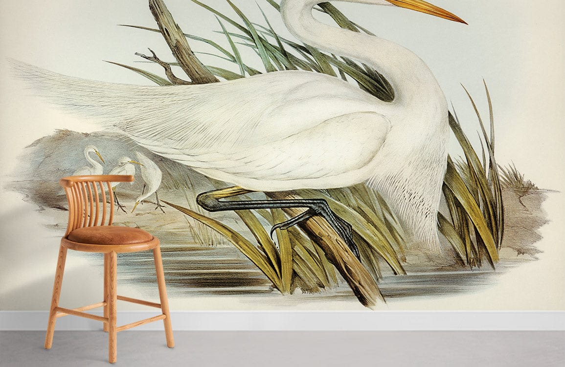 Chaise en bois avec siège en cuir pour peinture murale aigrette ou mural aigrette plumeuse
