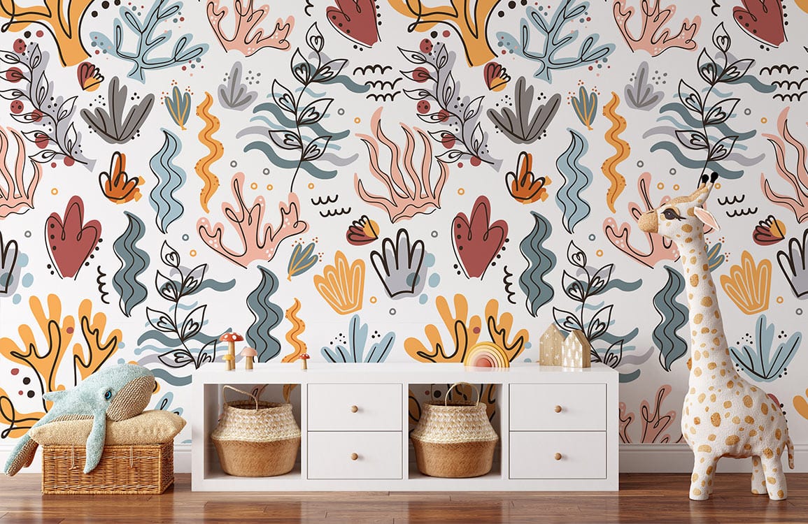 Papier peint mural algues ondulantes avec coraux colorés, décoration murale unique