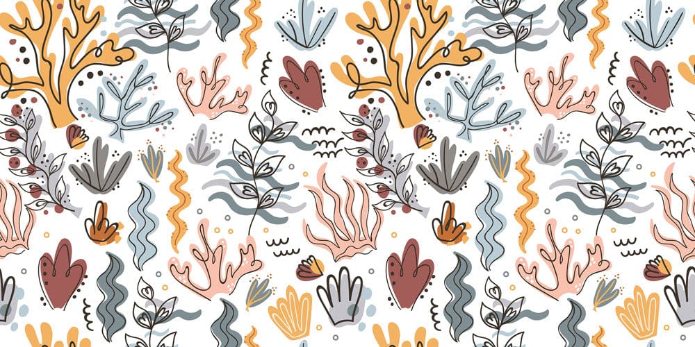 Alt text d’un mural d’algues ondulantes avec motif de coraux et plantes marines
