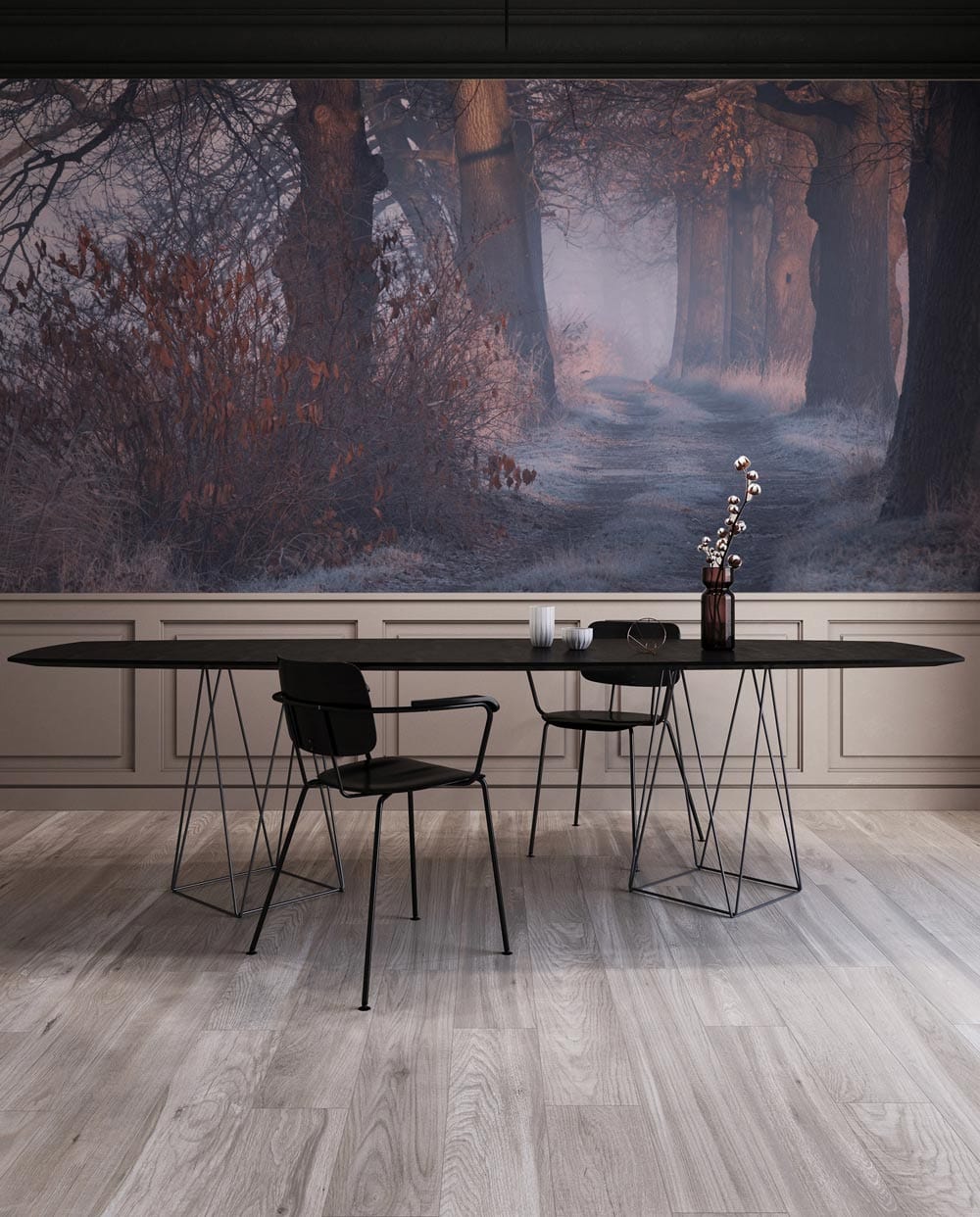 Peinture murale mural allée forestière avec table noire, fleurs blanches et bougies