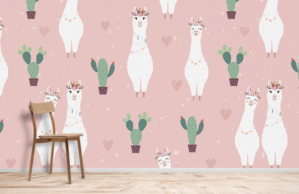 Papier peint mural alpaga doux avec design de llamas et cactus roses pour chambre