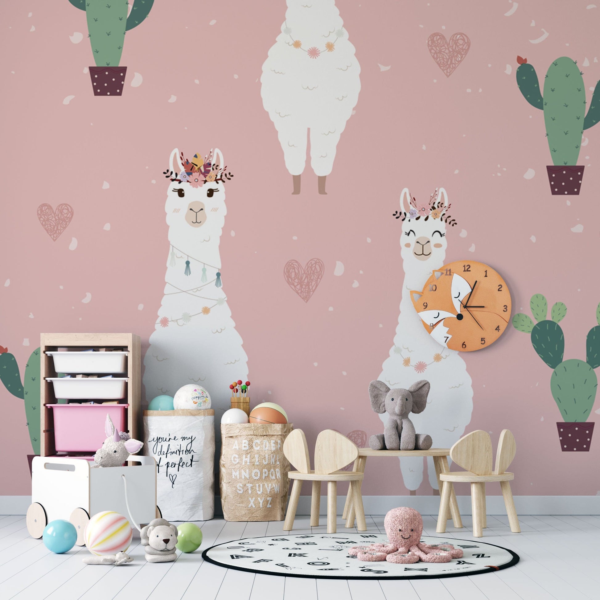 Papier peint mural alpaga doux avec llamas et cactus roses pour une décoration enfant