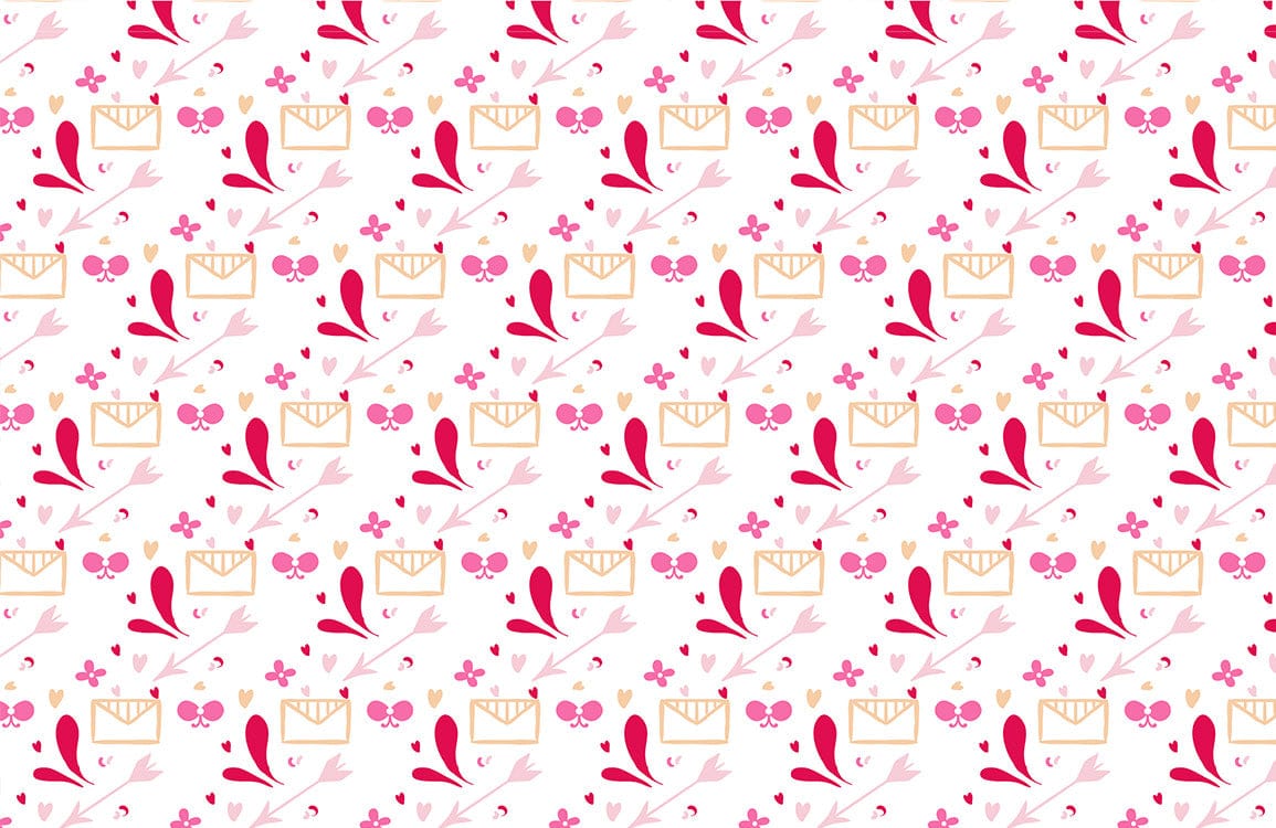 Papier peint mural amour avec motifs d’enveloppes, flèches et cœurs en rose, rouge et or