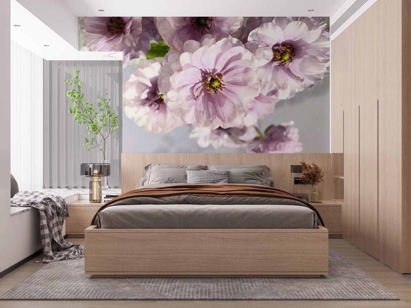 Image d’un lit en bois clair avec un matelas gris et une couverture marron, dans le cadre du papier peint mural Anémone