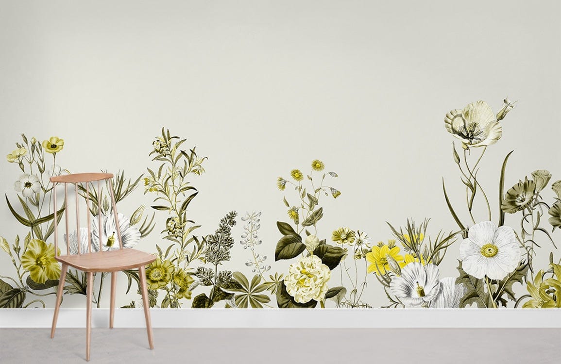 Chaise en bois clair avec dossier à lattes, idéal pour Papier Peint Mural Animate Flowers II
