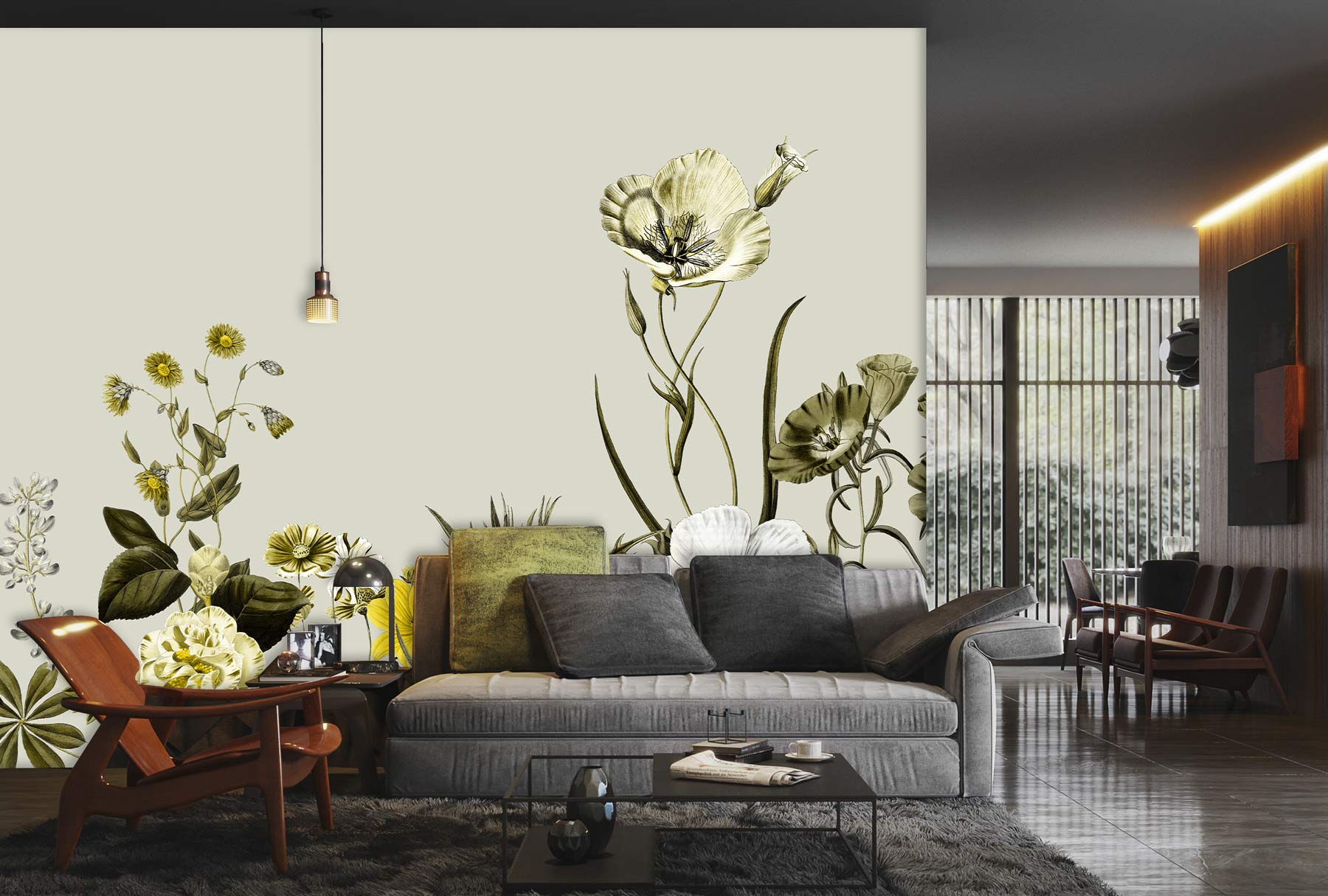 Peint mural Animate Flowers II avec un salon moderne et un grand mur floral