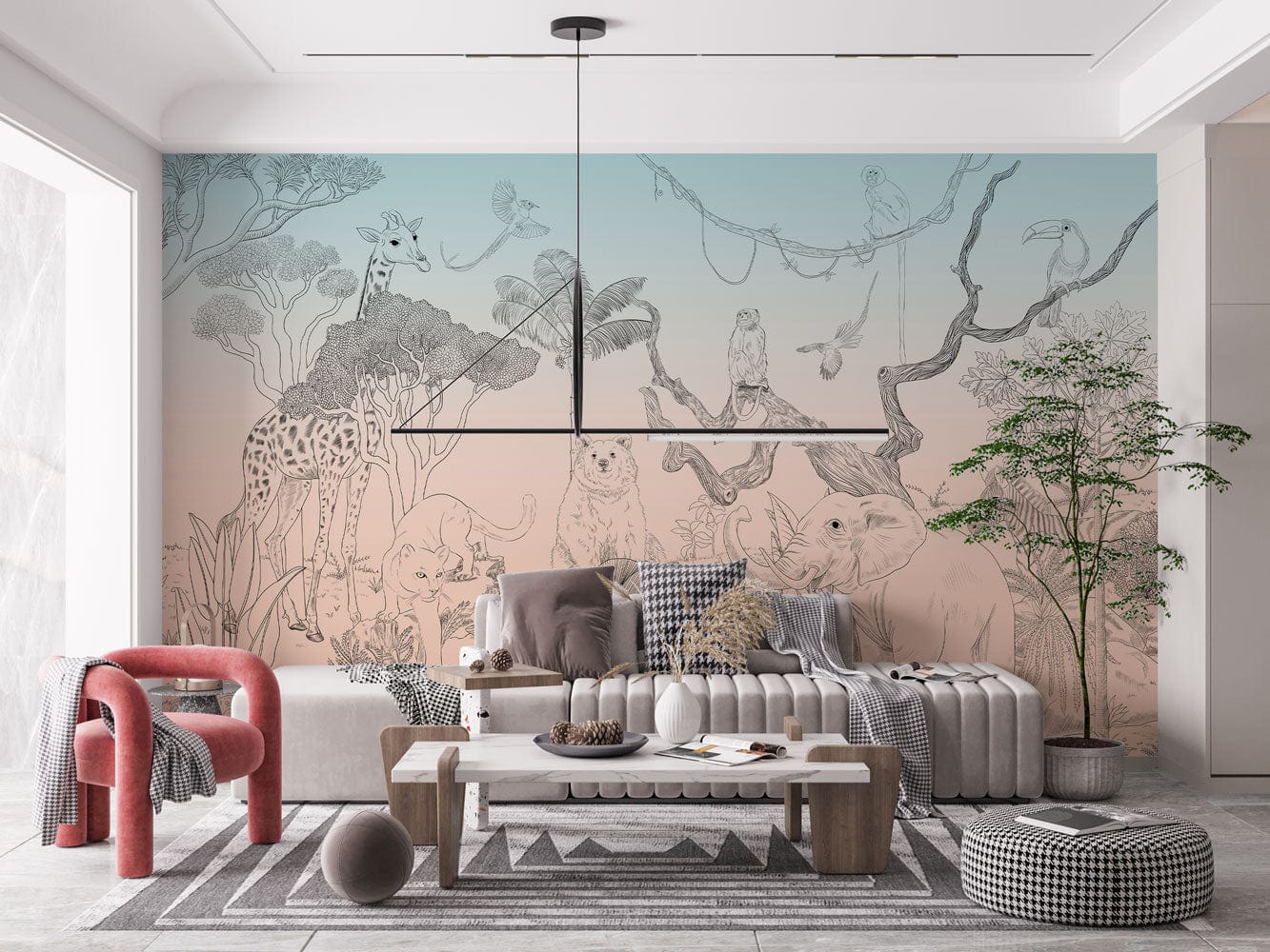Papier peint mural animaux esquissés dans un salon moderne avec mobilier contemporain
