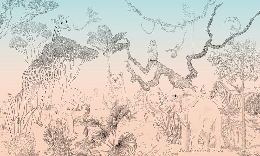Illustration d un mural animaux esquissés avec scène de savane pour papier peint mural animaux